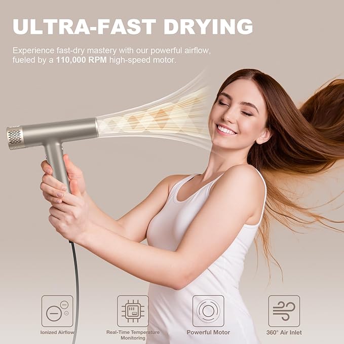 YAPOY Professional Hair Dryer with Diffuser Fast Drying 200 Million Ionic Blow Dryer with 110, 000 RPM High-Speed No Heat Damage Intelligent Thermo-Control Low Noise, Silver