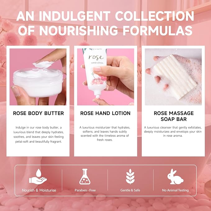 Bath and Body Gift Set for Women, Body & Earth 5 Pcs Rose Spa Gifts for Women, Self Care Kit, Lotion Set for Her,Mothers Day Presents for Mom