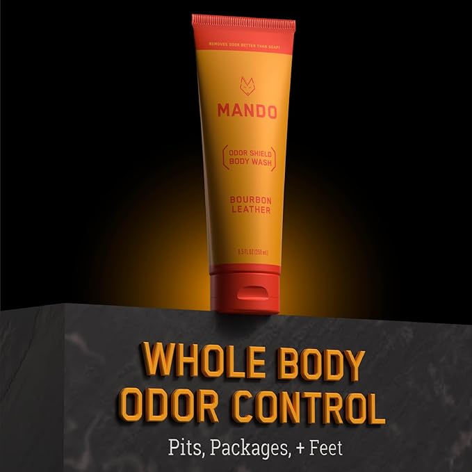 Mando Smooth Solid Stick (2.6 Ounce) + Acidified Body Wash (8.5 Ounce) - Clinically Proven to Block Odor All Day - Whole Body Safe For Pits, Packages + Feet (Bourbon Leather)