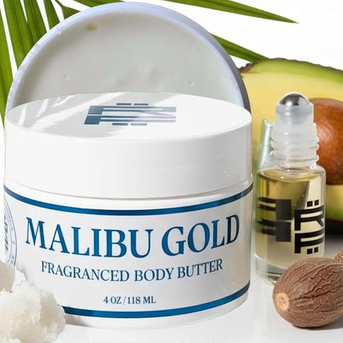 Cologne Body Butter for Men & Malibu Gold Sensual Scent Roller - Infused Shea Butter & Avocado Butter w/ Sunlit Citrus, Vanilla Caramel & Amberwood All-Day Fragrance, Moisturizing Vitamin E 4oz (1)