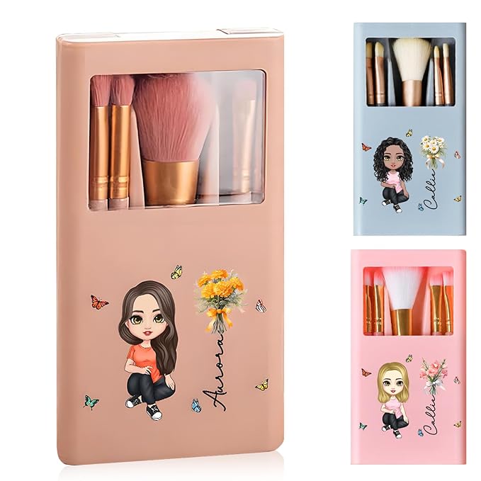 CALLIE Personalized Travel Makeup Brushes Set with Mirror | 5 Pcs | Custom Birth Flower and Name | Birthday Christmas Bridal Shower Gift for Women (Birth Flower Bouquet Name Cartoon)