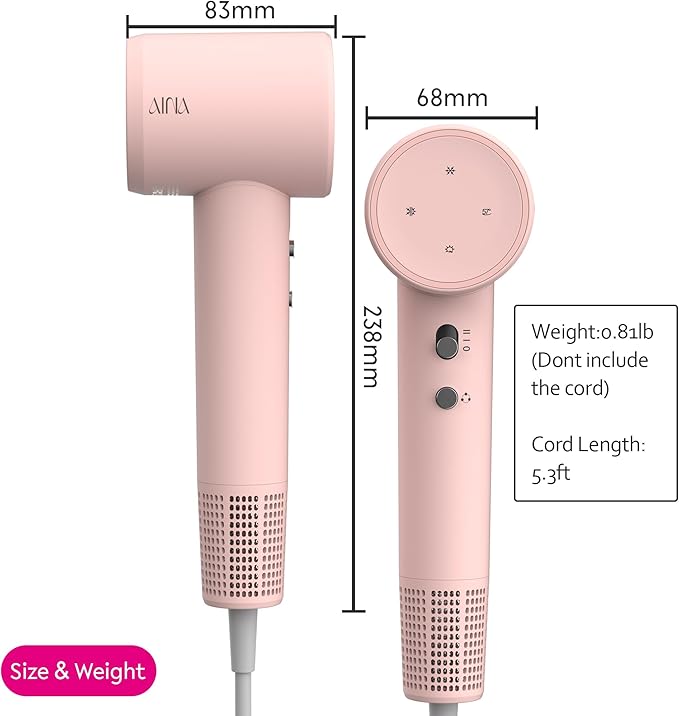 AINA Hair Dryer,Blow Dryer with Diffuser Brush Comb for Women - BLDC Hair Dryer - Brushless Motor, 110,000 RPM Lightweight,Ionic Travel, 3 Magnetic Attachments 110V/ALCI(Baby Pink)