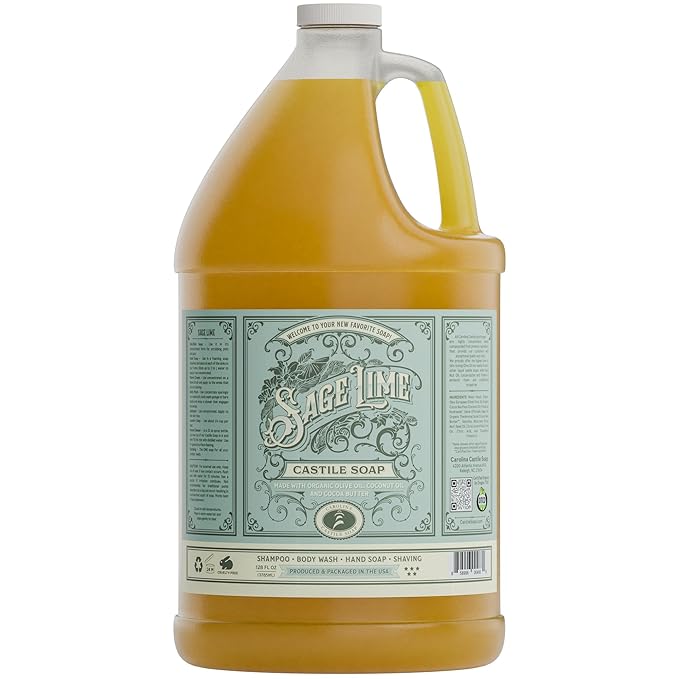 Carolina Sage Lime Castile Soap Liquid – Skin-Softening Olive Oil Soap Organic Body Wash – Pure Castile Soap Sage Lime Liquid Soap – Vegan Castile Soap Liquid (Sage Lime, 1 gallon)