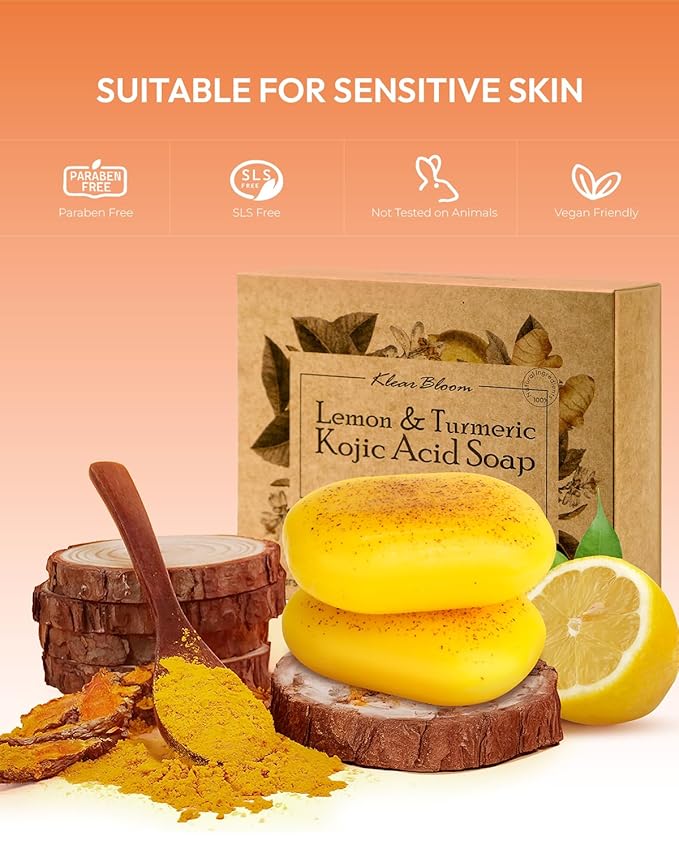 Lemon Turmeric Kojic Acid Soap – Exfoliating Soap with Almond Particles for Dark Spots, Vitamin C and Extra Shea Butter, Gentle Brightening & Moisturizing for Face and Body – 105g x 2 Bars