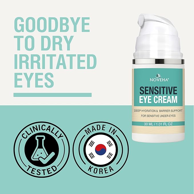 NOVEHA Daily Sensitive Eye Cream for Dry Eyelids & Around Eye – Ceramide Hydrating Eyelid Moisturizer, Anti-Aging Eye Cream for Fine Lines, Puffiness & Crow’s Feet, Vegan, Fragrance-Free, 1 oz