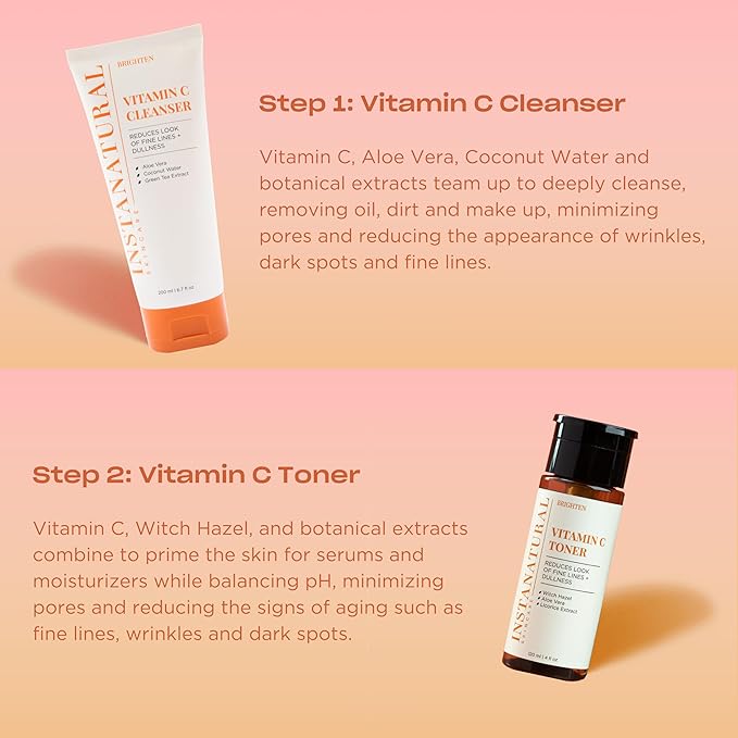 InstaNatural Vitamin C Four Step Skin Care Set with Face Wash, Toner, Serum & Moisturizer | All Natural Brightening & Hydrating Routine with Botanical Extracts – 1.68 Fl Oz (Pack of 4)