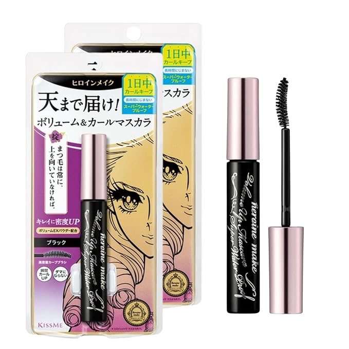 HEROINE MAKE by KISSME Volumizing Mascara Waterproof & Curvy Brush for Eye Makeup | Waterproof Mascara Volume & Length by Defining Fiber for Long-lasting Natural Eyelash Look, from Japan, Black, 2 EA