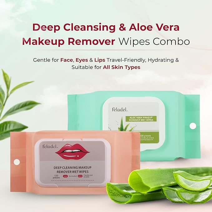 FELADEL - 240pcs Makeup Remover Wipes Set - 120pc Aloe Vera Face Makeup Wipe +120pc Deep Cleaning Makeup Remover Wipe | Easily Removes all difficult makeupes. Ultra-Soft Face wipes