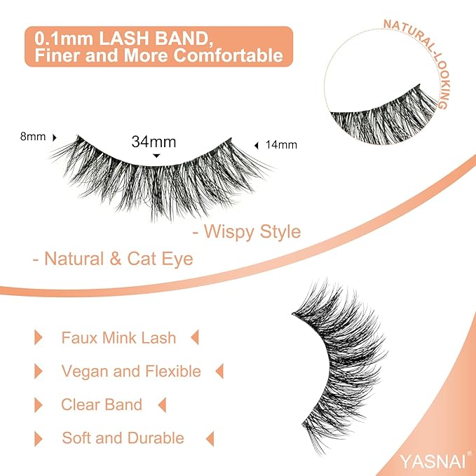 Cat Eye Lashes False Eyelashes Natural Look, Yasnai Wispy Fake Lashes Volume Lashes, Strips Lashes Natural Eyelashes Clear Band 6 Pairs Pack