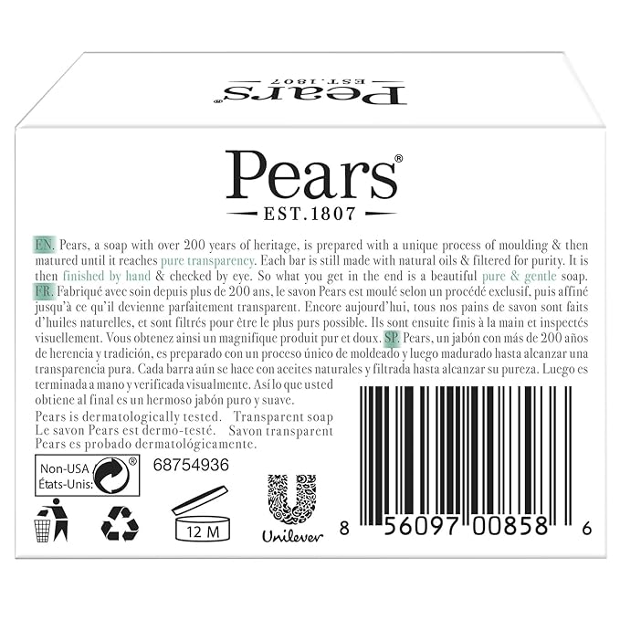 Pears Soap, Pure & Gentle with Lemon Flower Extracts, 5-Pack – Transparent Green Glycerin Soap for Radiant, Glowing Skin, 4.4 Oz Ea