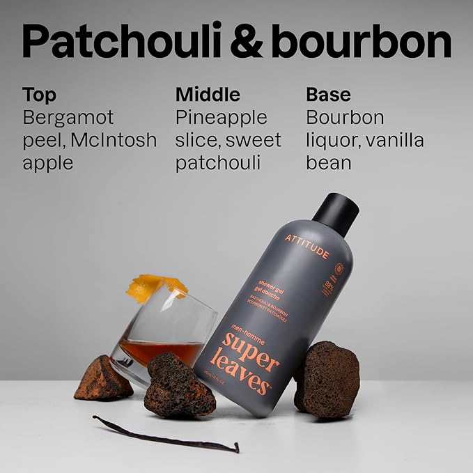 ATTITUDE Shower Gel Body Wash for Men, 98% Natural Origin Ingredients, Paraben & Phthalate Free, EWG Verified, Cleanses Without Drying, Patchouli & Bourbon, 14 Fl Oz