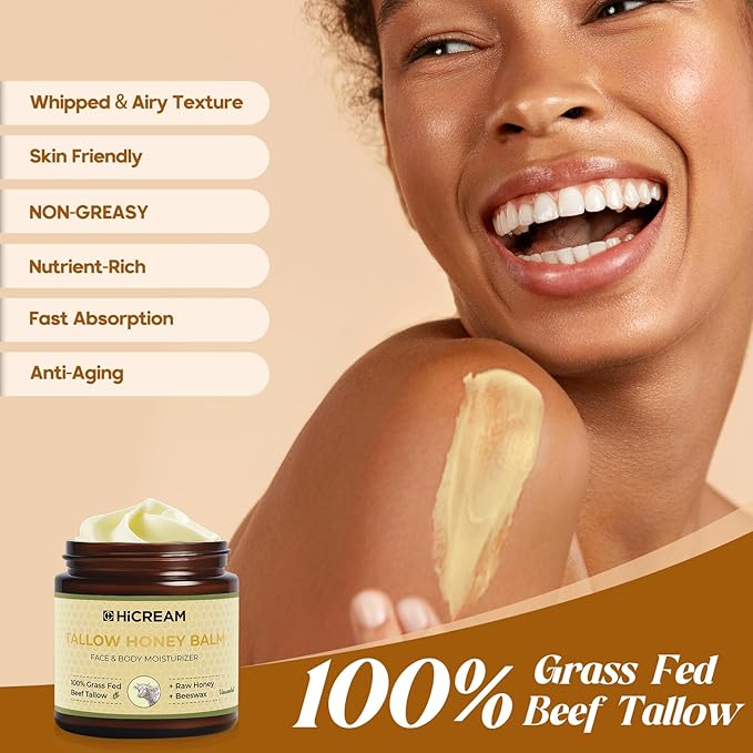 Beef Tallow for Skin, Beef Tallow and Honey Balm, 100% Organic Grass-Fed Beef Tallow Balm, Face & Body Moisturizer, Deeply Nourishment for Dry, Cracked, Sensitive Skin, Natural Formula (4 Oz)