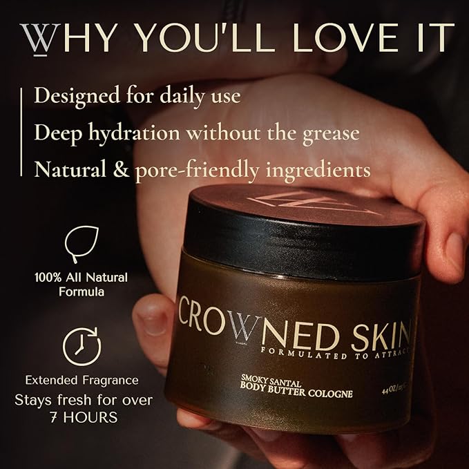 Crowned Skin Prince Body Butter Cologne for Men | Oceanic & Woody | New Moisturizing Formula Scented with White Musk & Bergamot | Infused with Natural Shea & Mango Butters | All-Day Fragrance | 4.4oz