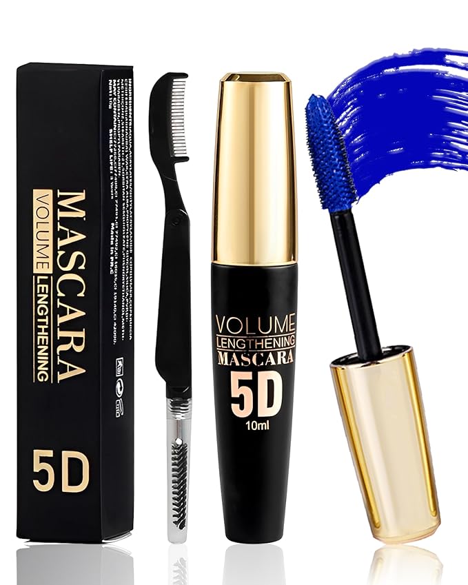 Blue Waterproof Mascara for Eyelash, 5D Silk Fiber Lashes Extension Colored Tube Mascara with Eyelash Brush, Long Lasting Smudge-proof Volumizing Lengthening, Cosplay Party Eye Makeup Gift for Women