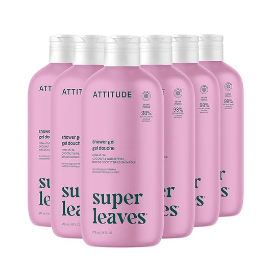 ATTITUDE Body Wash, EWG Verified Shower Gel, Dermatologically Tested, Plant and Mineral-Based, Vegan Personal Care Products, White Tea Leaves, 16 Fl Oz (Pack of 6)