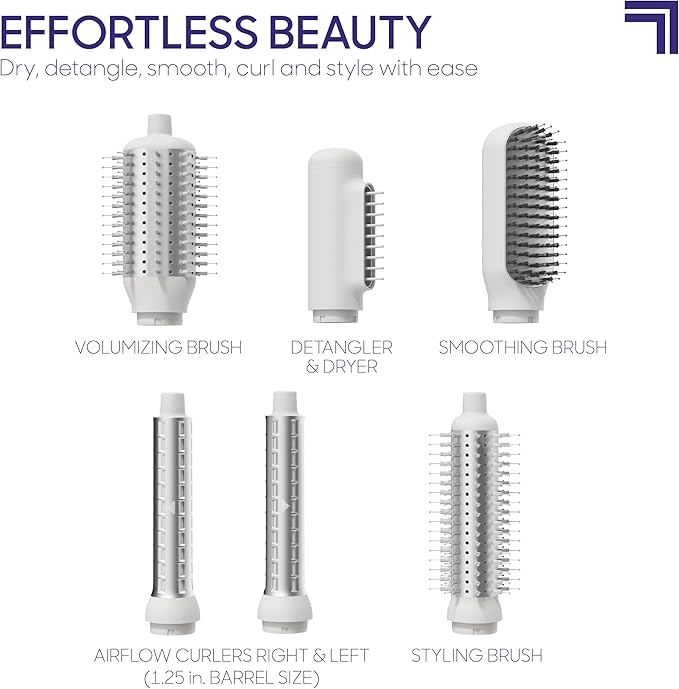 Sharper Image Revel 6-in-1 Airflow Hair Styler – Ionic Multi-Styler with Curling Wand, Detangler, Volumizing & Smoothing Brushes| Air Wrapping Styling Tool| Hot Brush| Straight & Curly Hair Product