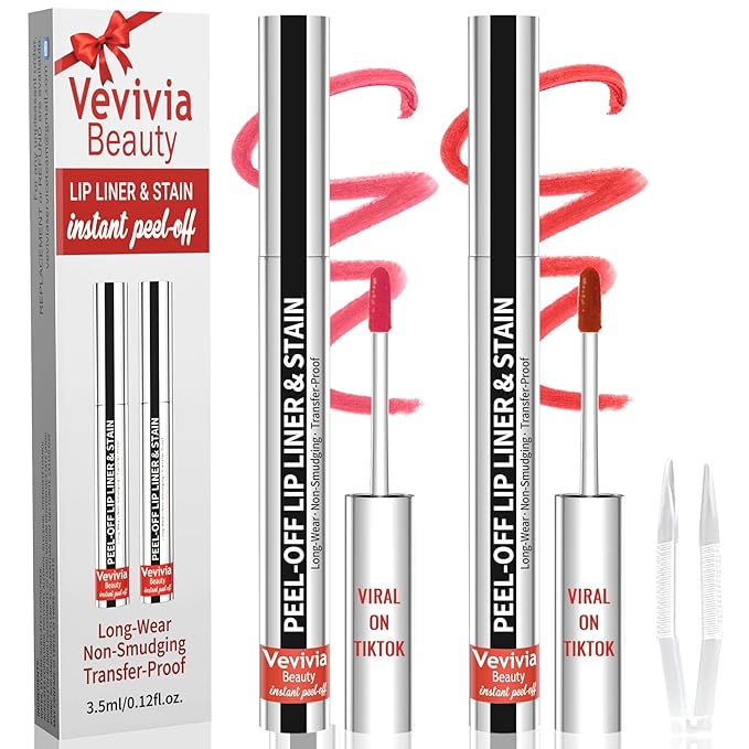 2pcs Lip Stain Peel Off - Lip Liner Stain Long Lasting Waterproof,2-in-1 Lip Liner with Tweezer Nude Matte,Non-Stick Cup,Highly Pigmented，Natural Finish,Stay On All Day,Perfect for Gift (Nude+Cocoa)