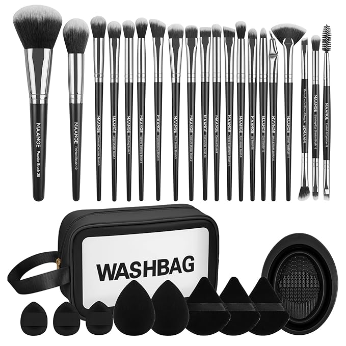 MAANGE Makeup Brush Set 30 Pcs Premium Synthetic Makeup Brushes Foundation Eye Shadow Powder Concealers Highlight Blending Brush Professional Make Up Brush Kit, Black