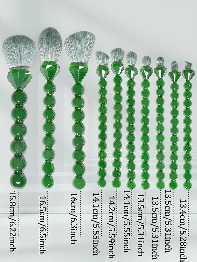 COSHINE Unique Diamond and Pearl Design Makeup Brush Set, 10pcs Cute and Full Complete Powder, Concealer, Blush, Eye Shadow Cosmetic Brushes Kit (GREEN)
