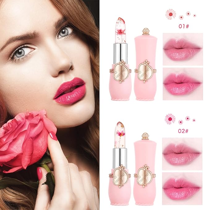 2 Pack Crystal Jelly Flower Lipstick,Magic Temperature Color Change Lip Gloss Lip Stick PH Clear Magic Lipstick Long Lasting Nutritious Moisturizing Lip Balm（Set A）