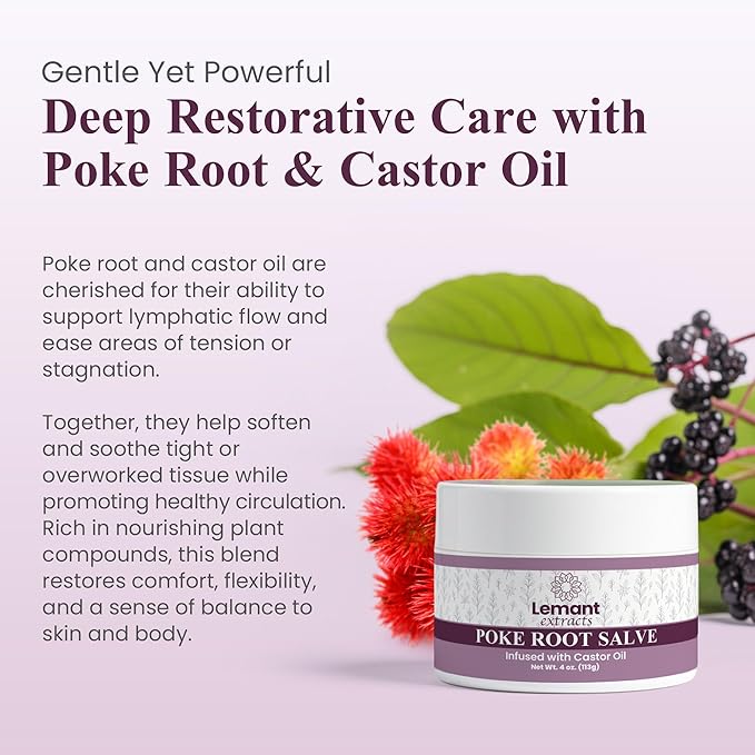 Lemant Organic Poke Root and Castor Oil Salve (4 oz) - Herbal Poke Root Salve infused with Castor Oil, Calendula, Plantain, Red Clover, Boswellia, Shea Butter, and Lavender