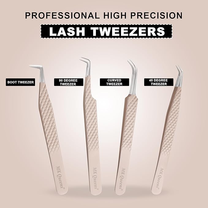 Fiber Tip Lash Tweezers For Eyelash Extension Tweezers Professional Eyelash Extension Tweezer - Set of 4 Pcs Diamond Grip Stainless Steel Fiber Tweezer (4, Peach)