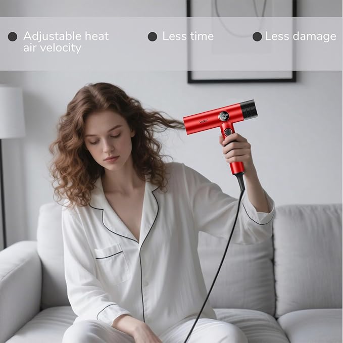 VGR 401 Negative Ionic Hair Dryer, Professional BLDC Motor Blow Dryer for Fast Drying, LED Display Low Noise Thermo and RPM-Control Hairdryer, Travel with Magnetic 1 Diffuser & 2 Nozzle, Red