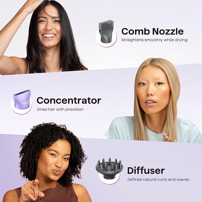 Wavytalk Blow Dryer with Diffuser, Blown Away Ionic Hair Dryer for Curly Hair with Comb, 1875W Fast Drying Blow Dryer with Ceramic Technology, 3 Attachments for All Hair Types, Light and Quiet, Purple