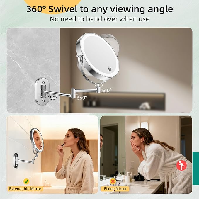 FUNTOUCH 5000mAh Rechargeable Wall Mounted Makeup Mirror with Lights,Double Sided 1X/30X Magnifying,3 Color Lights,Touch Dimmable, Extended Arm 360 Rotation Lighted Bathroom Mirror with Magnification