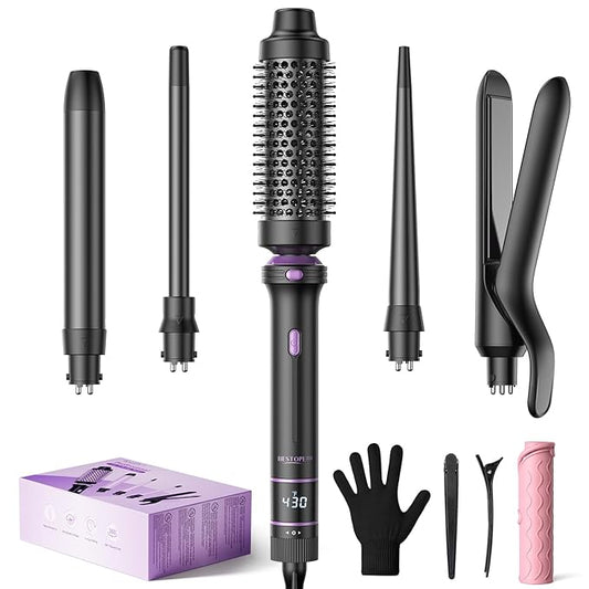 5 in 1 Curling Iron, Curling Wand Set with Thermal Brush, Flat Iron Hair Straightener, 3 Ceramic Irons (0.35"-1"), 13 Adjustable Temps, Hair Curler Waver with Heat Resistant Mat, Glove, Clip