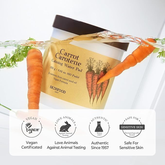 SKINFOOD Carrot Carotene Toner Pads, Hydrating & Soothing, Cotton Facial Toner Pads for Sensitive Skin, Korean Skincare for Face, Quick Calming, After Sun & Heat Care, 60 Pads