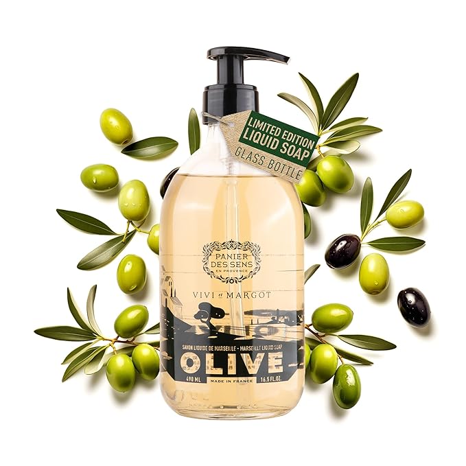 Panier des Sens - Liquid Hand Soap Limited Edition - Hand Wash with Olive Oil - French Marseille Moisturizing Hand Soap - Refillable Kitchen & Bathroom Hand Soap - 98% Natural - Glass Bottle 16.6 Floz