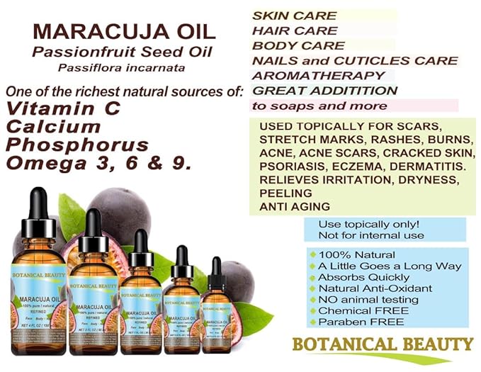Botanical Beauty MARACUJA OIL 100% Pure Natural Cold Pressed Undiluted for Face, Skin, Hair, Body, Lip, Nails 4 Fl Oz - 120 ml Rich in Vitamin C