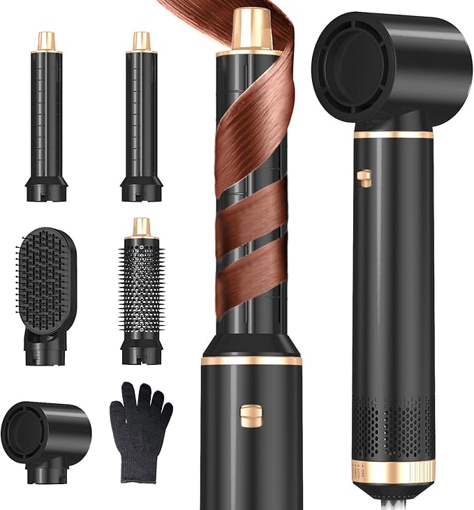 5 in 1 Hair Dryer Brush Hot Air Curling Brush Negative Ion Air Styler，Multi Function Blow Dryer Brush with Curling Wand, Straightening Brush, and Volumizing Hot Air Brush for All Hair Types（Black）