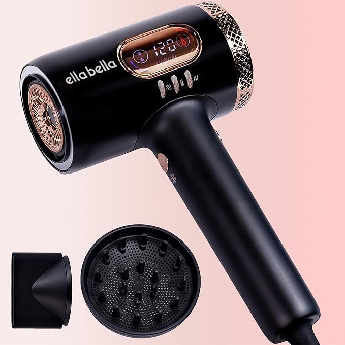 ELLA BELLA® Professional Smart Plasma Hair Dryer with Diffuser • Advanced Plasma Technology Blow Dryer • Intelligent Heat Control & Wind Speeds • Suitable All Hair Types