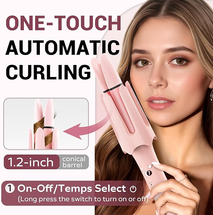 Auto Rotating Hair Curler - 4 Temperature and Timer Settings, Automatic Curling Iron with Automatic Shut-Off, Anti-Tangle and Scalding, Curling Wand for Long Lasting Curls (Pink)