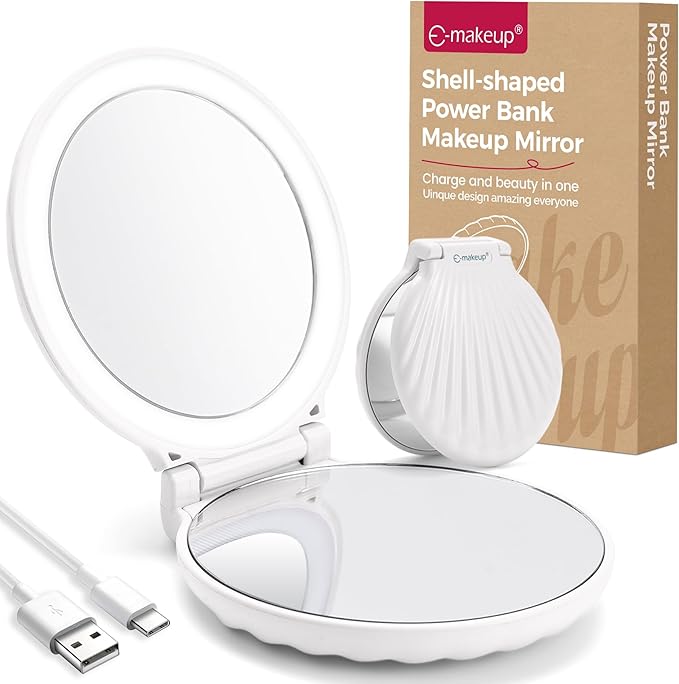 Compact Makeup Mirror with Lights Travel Vanity Mirror with Lights Small Compact Mirror 2x/10x Magnification & LED Lighted, Magnifying Mirror Portable Adjustable Rechargeable, White