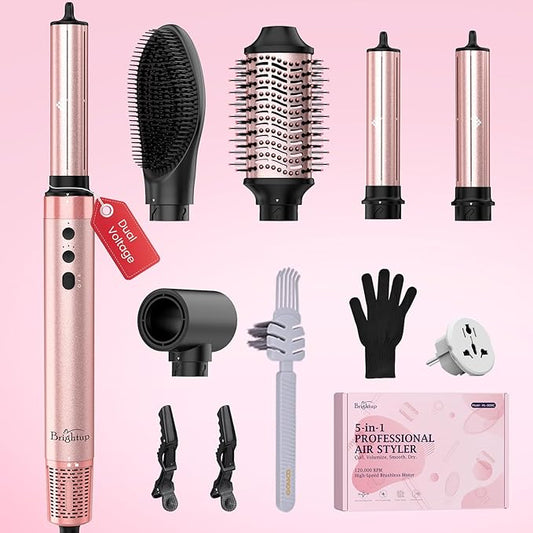 Brightup Dual Voltage Air Wrap Hair Styler - 5 in 1 High Speed Hot Air Styler 1400W Blow Dryer Brush, Negative Ions, Cool Shot Button, Curler, Volumizer, Straighter, No Heat Damage, with Travel Bag