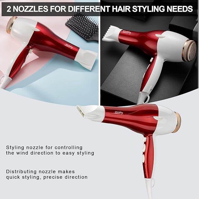 Professional Salon Hair Dryer, 1875W Blow Dryer, 2 Concentrator Nozzles, 3 Heat Settings, 2 Speed Slide Switch, Cool Shot Button, Fast Drying for Family, Low Noise (Red and White)