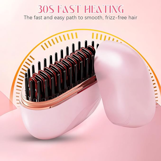 Mini Straightener,Rechargeable Portable Hair Straightener Brush,Fast Heating Hot Comb,3-Speed Temperature Control,Anti Scald Shell,Lightweight and Portable for Home Travel (Pink)