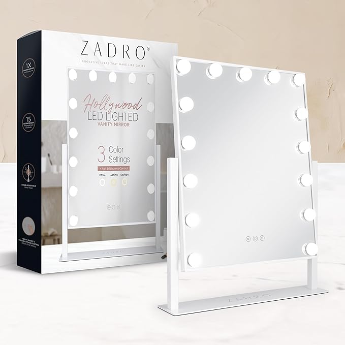 Zadro Hollywood Lighted Vanity Mirror with 15 LED Bulbs, 3 Color Light Settings, 360° Rotation Makeup Mirror Head (21" H x 18" W | 1X | French Blue)