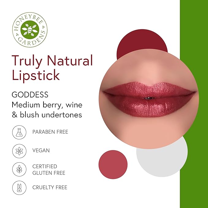 Honeybee Gardens Truly Natural Long Lasting Lipstick, Goddess, Medium Berry with Wine Undertones, Naturally Hydrating & Nourishing, Vegan, Gluten-Free & Cruelty-Free, 0.11 oz / 3 g