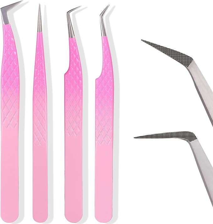Fiber Tip Lash Tweezers For Eyelash Extension 4 Pcs Tweezers Professional Artist Tech Work Kit Tools,Best Volume Eyelash Lashes Extensions Precision Supplies Volume Boot 90 45 Degree(Omber pink)