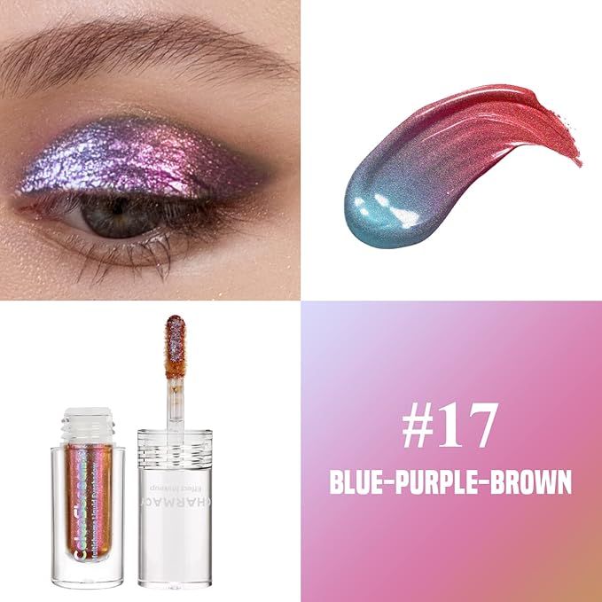 CHARMACY Liquid Duochrome Eyeshadow, Multi-Dimensional Eye Looks, Long Lasting Glitter Eye Shadow Sets Metallic Pigments, Quick Drying, Sparkling Shiny Eye Makeup for Beginners, 1.6g (#17)