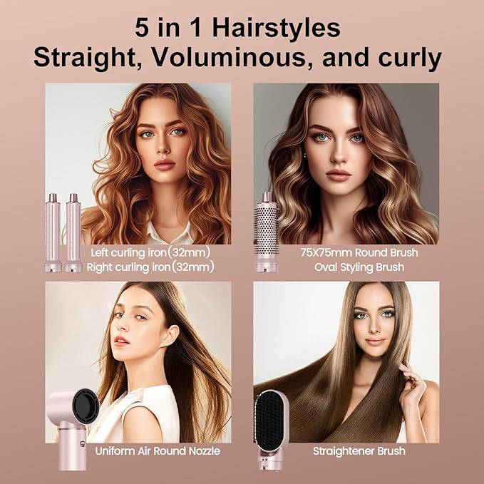 5 in 1 Hair Dryer Brush Set, Multi Ionic Air Styler Set, 800W Auto Wrap Air Hair Styler Without Heat Damage, Curl, Volumize and Straighten