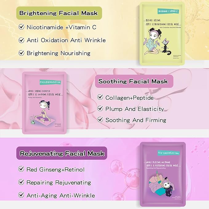 Face Masks Skincare Set for Girl,Moisturizing Collagen Facial Masks for Women Home Spa,Hyaluronic Acid Face Mask for All Skin Types,Day Night Facial Mask Hydrating,Deep Cleaning,Oil Contral(18Pack)