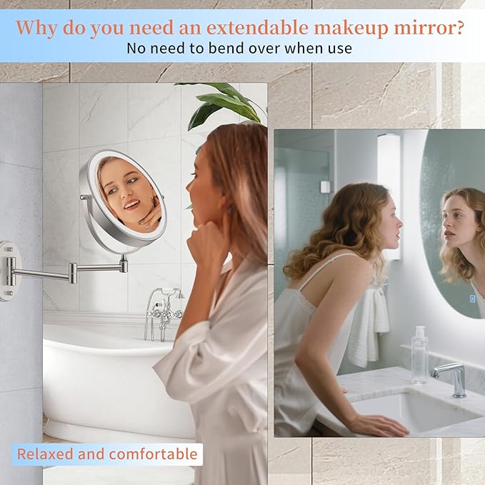 FUNTOUCH 10" 30X/1X Magnifying Wall Mounted Lighted Makeup Mirror, 4500mAh Rechargeable Double Sided Mirror, 3 Color Lights,Touch Dimmable, 360 Rotation Extended Arm with Adapter,Brush Nickel