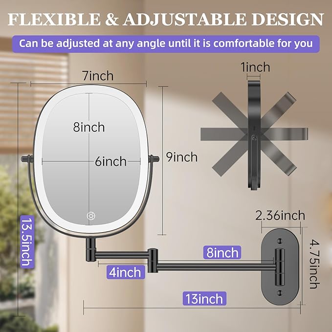 FUNTOUCH 30X/1X Wall Mounted Lighted Makeup Mirror, 5000mAh Rechargeable Oval Double Sided Touch Switch Magnifying Mirror with Light, 3 Color Setting, Extended Arm 360°Swivel Foldable,Black