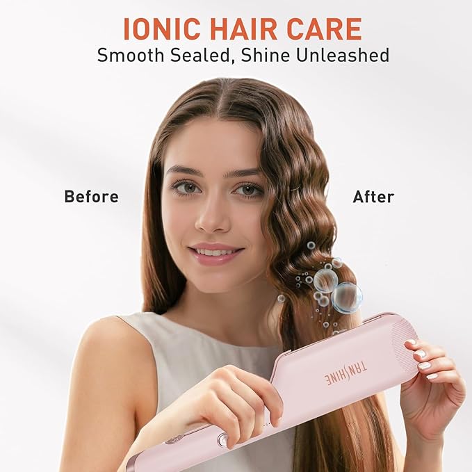 TANSHINE Curling Iron Hair Waver,1.25 Inch Dual Barrel Barrel Ceramic Hair Crimper for Beach Waves,Ionic Deep Waver Curler with Dual Voltage, Anti-Scald Protection Curling Wand, Adjustable Temp,Pink