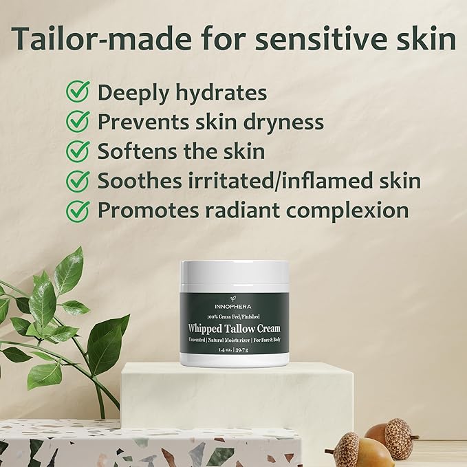 Whipped Beef Tallow Cream for Skin Care ‒ Grass Fed & Grass Finished ‒ 100% Natural Moisturizer for Sensitive Skin ‒ Handmade Face & Body Lotion ‒ Unscented & Odorless ‒ 1.4 oz.